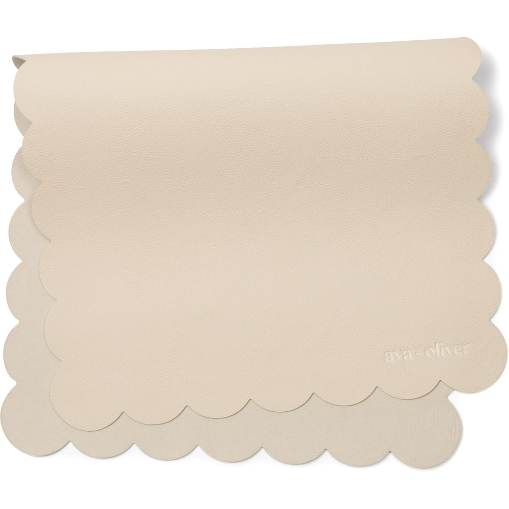 AVA + OLIVER vegan leather baby changing mat, cream scallop open, ideal for on-the-go diaper changes.