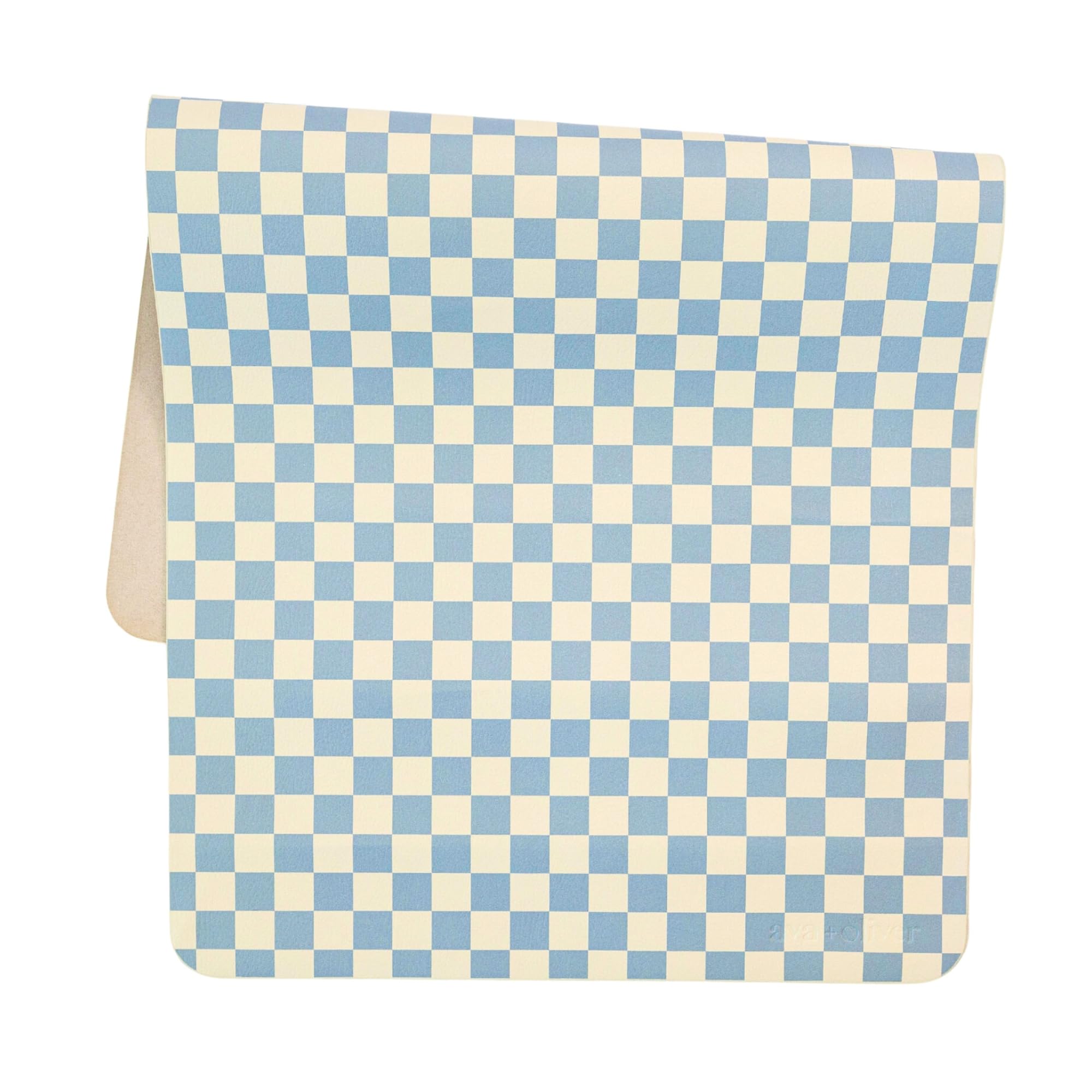 Ava + Oliver vegan leather changing mat Sky Checker folded for travel convenience.