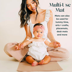 Ava + Oliver vegan leather changing mat shown in stroller or bag, foldable travel companion.