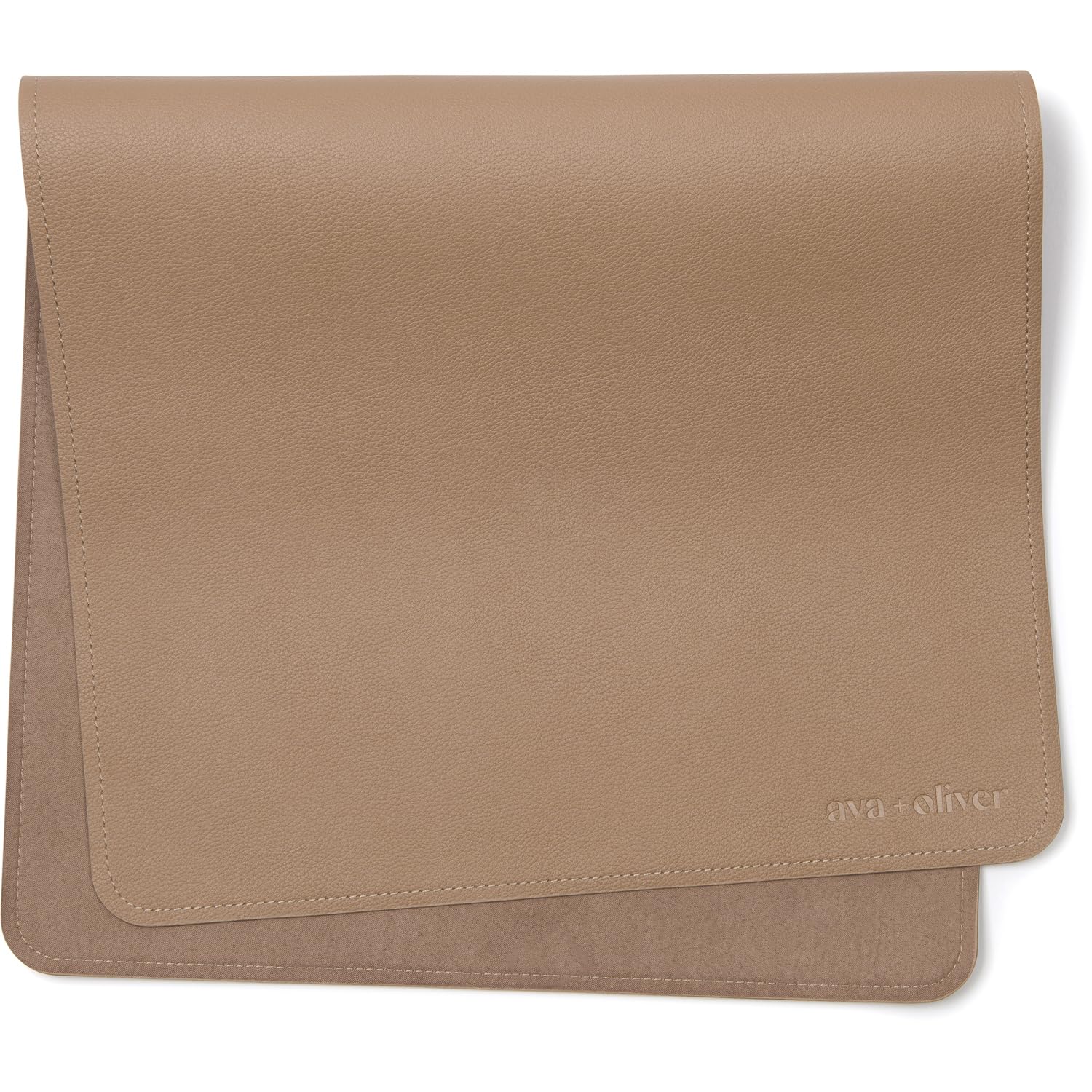 AVA OLIVER vegan leather changing mat in taupe is easy to wipe clean for on-the-go diaper changes.