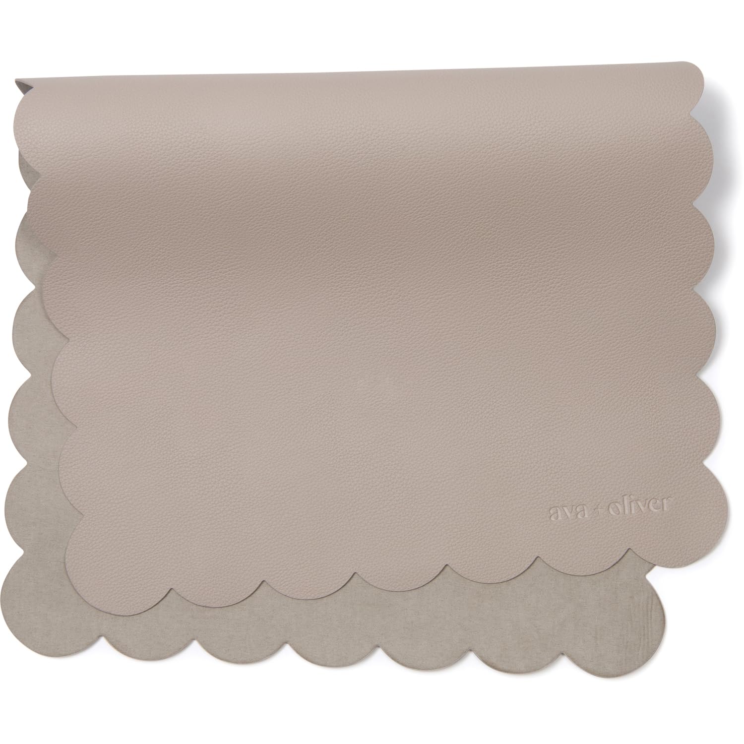 AVA + OLIVER vegan leather changing mat in grey scallop, open for diaper changes on the go.