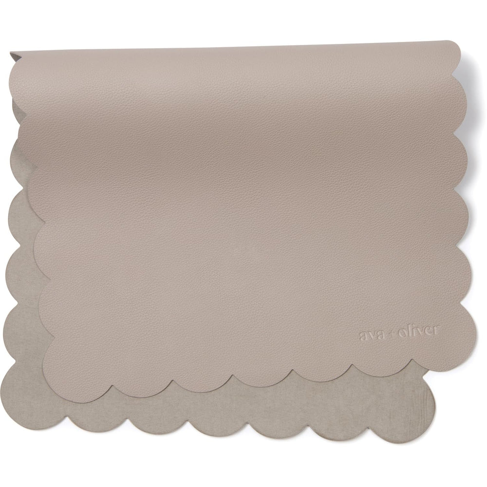 AVA + OLIVER vegan leather changing mat in grey scallop, open for diaper changes on the go.