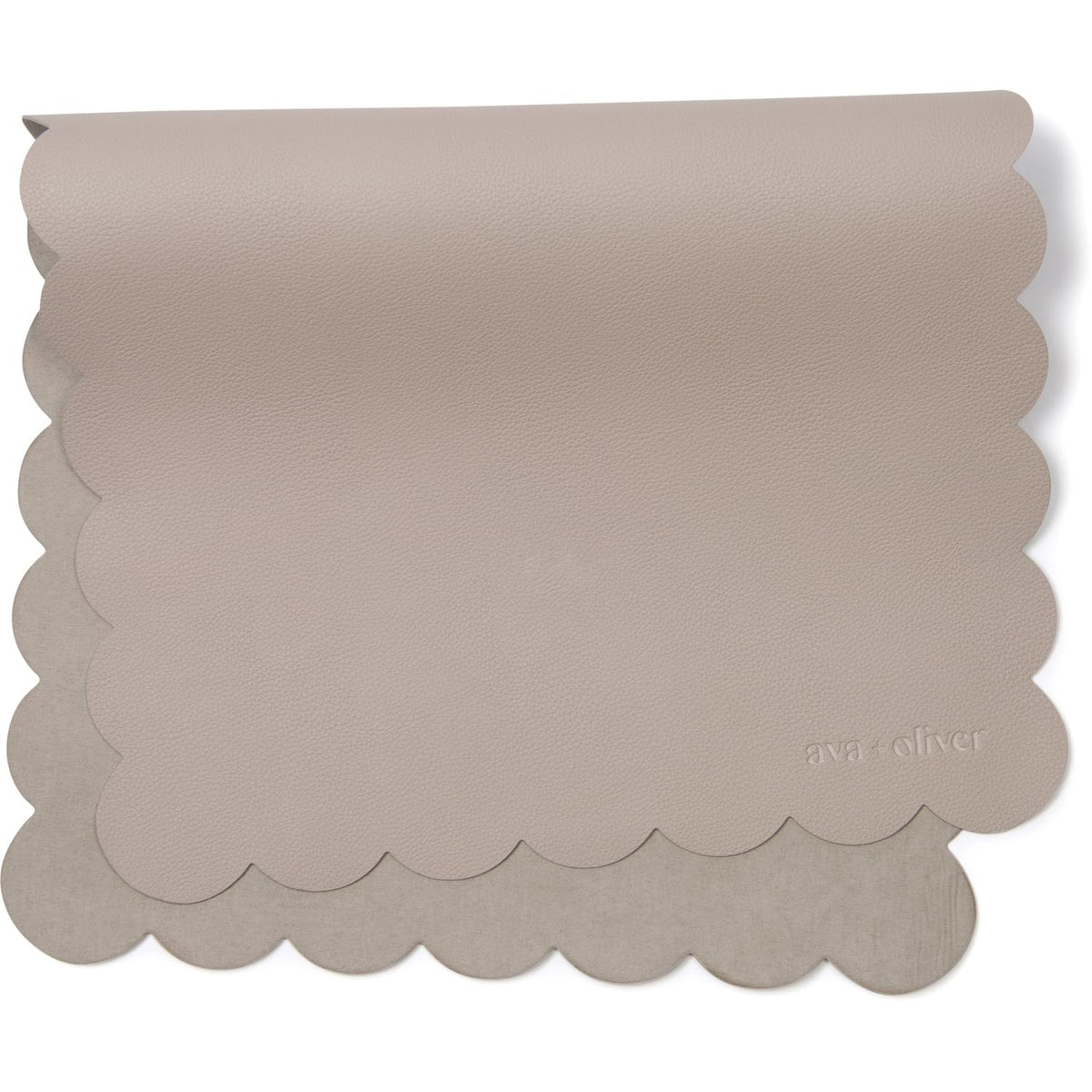 AVA + OLIVER vegan leather changing mat in grey scallop, open for diaper changes on the go.