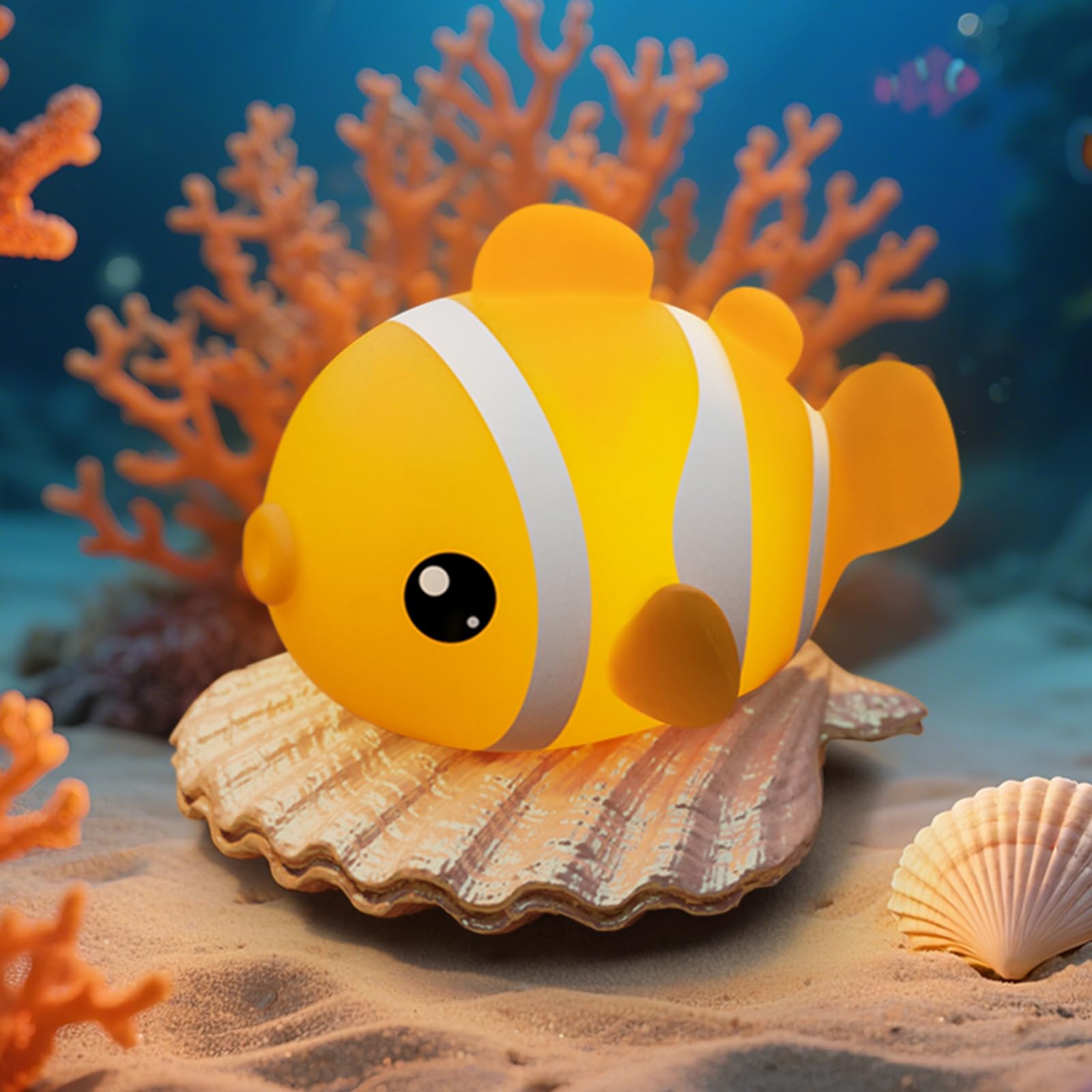 AVACOM clownfish night light silicone material highlighting safe, squishy design.