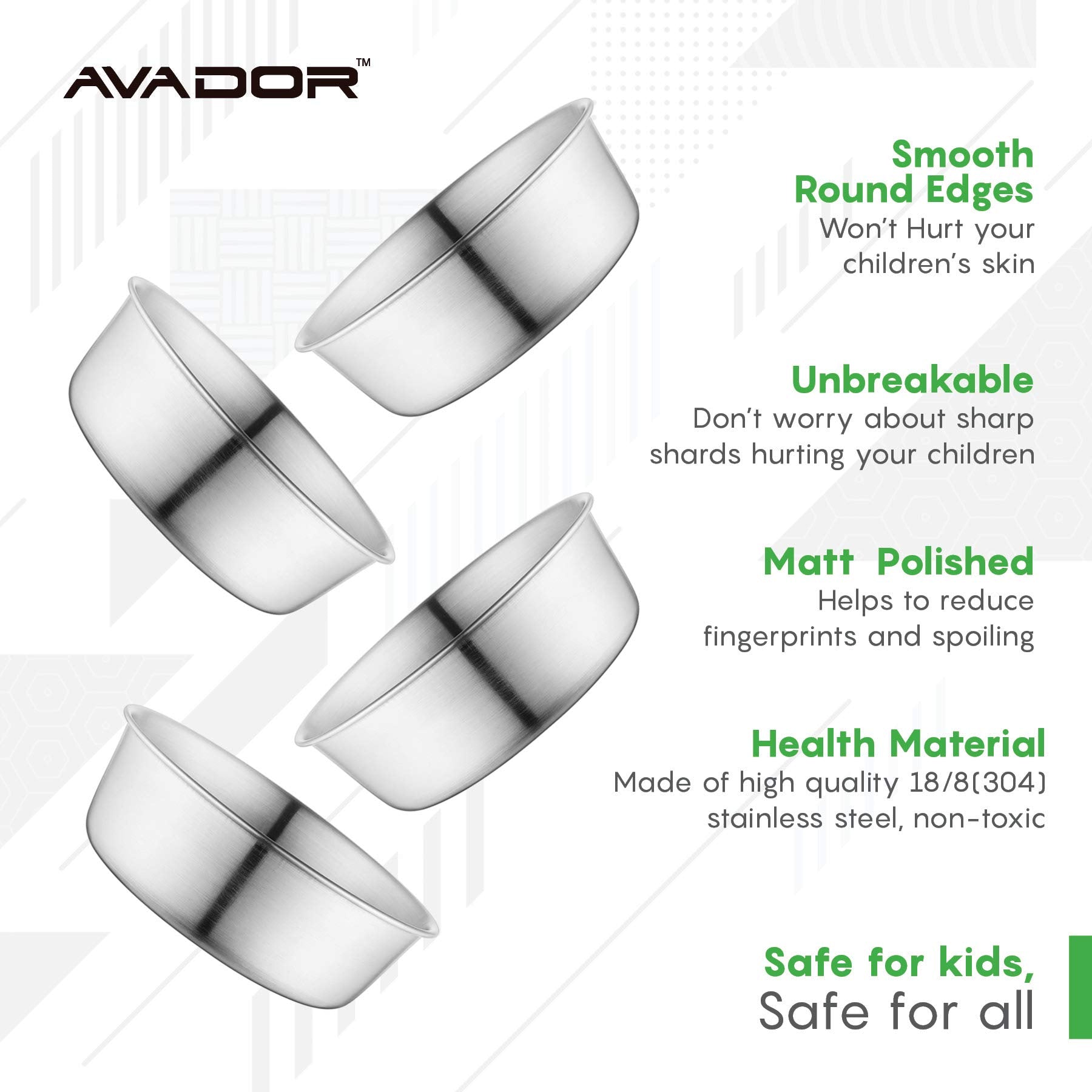Avador 18/8 stainless steel bowl close-up showing BPA-free surface for safe serving.