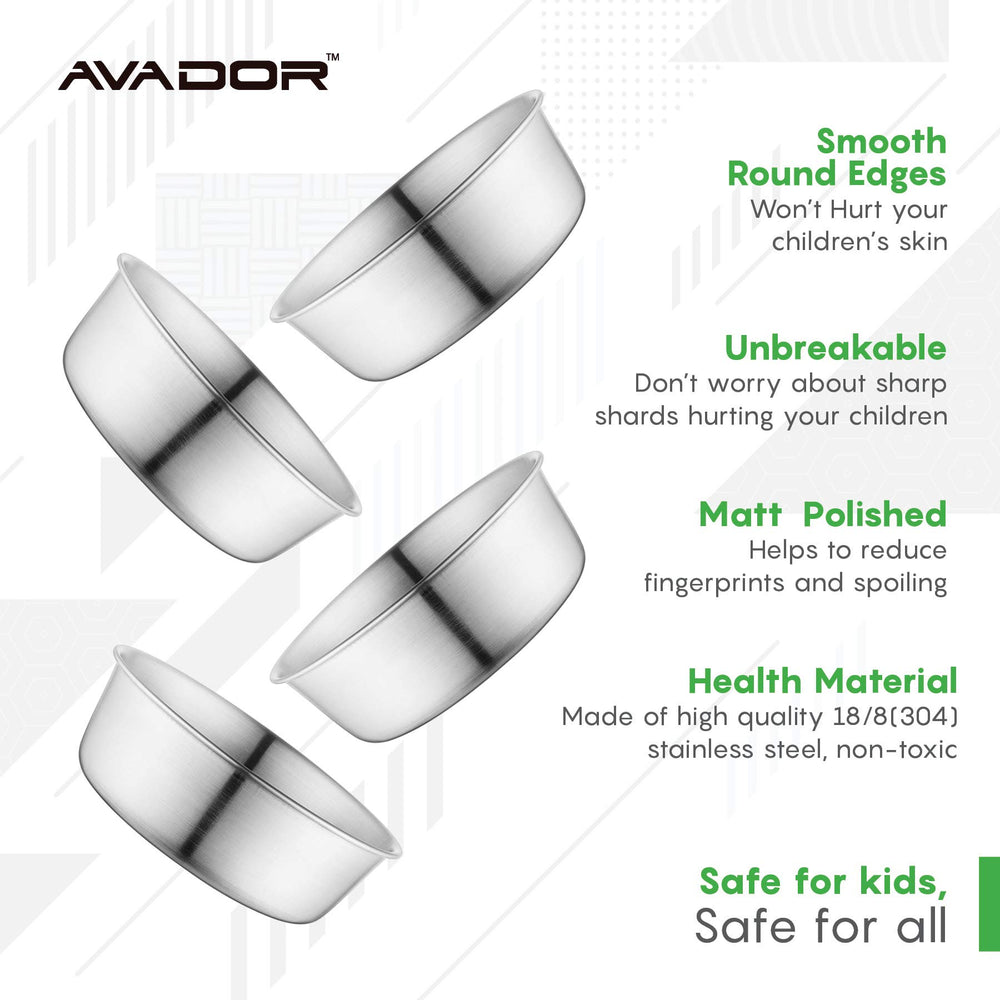 Avador 18/8 stainless steel bowl close-up showing BPA-free surface for safe serving.