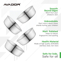 Avador 18/8 stainless steel bowl close-up showing BPA-free surface for safe serving.