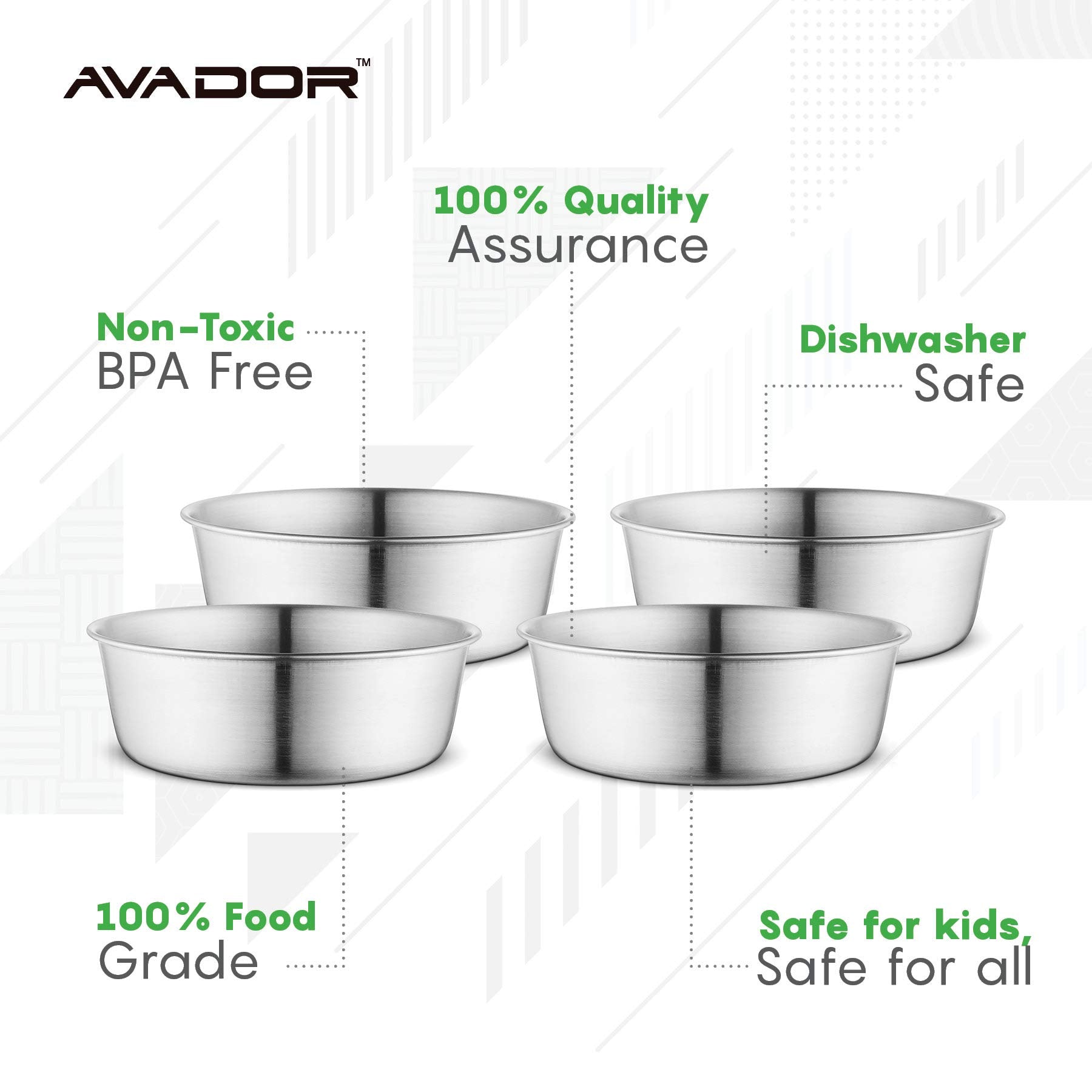 Avador 18/8 bowls stacked neatly to demonstrate space-saving, easy-to-clean design.
