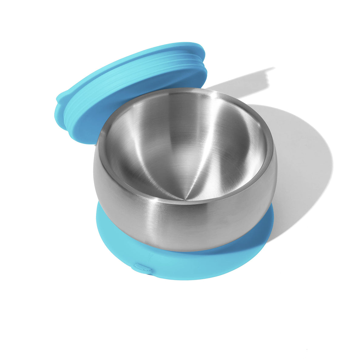 Avanchy baby bowls blue with suction lids keep meals contained.