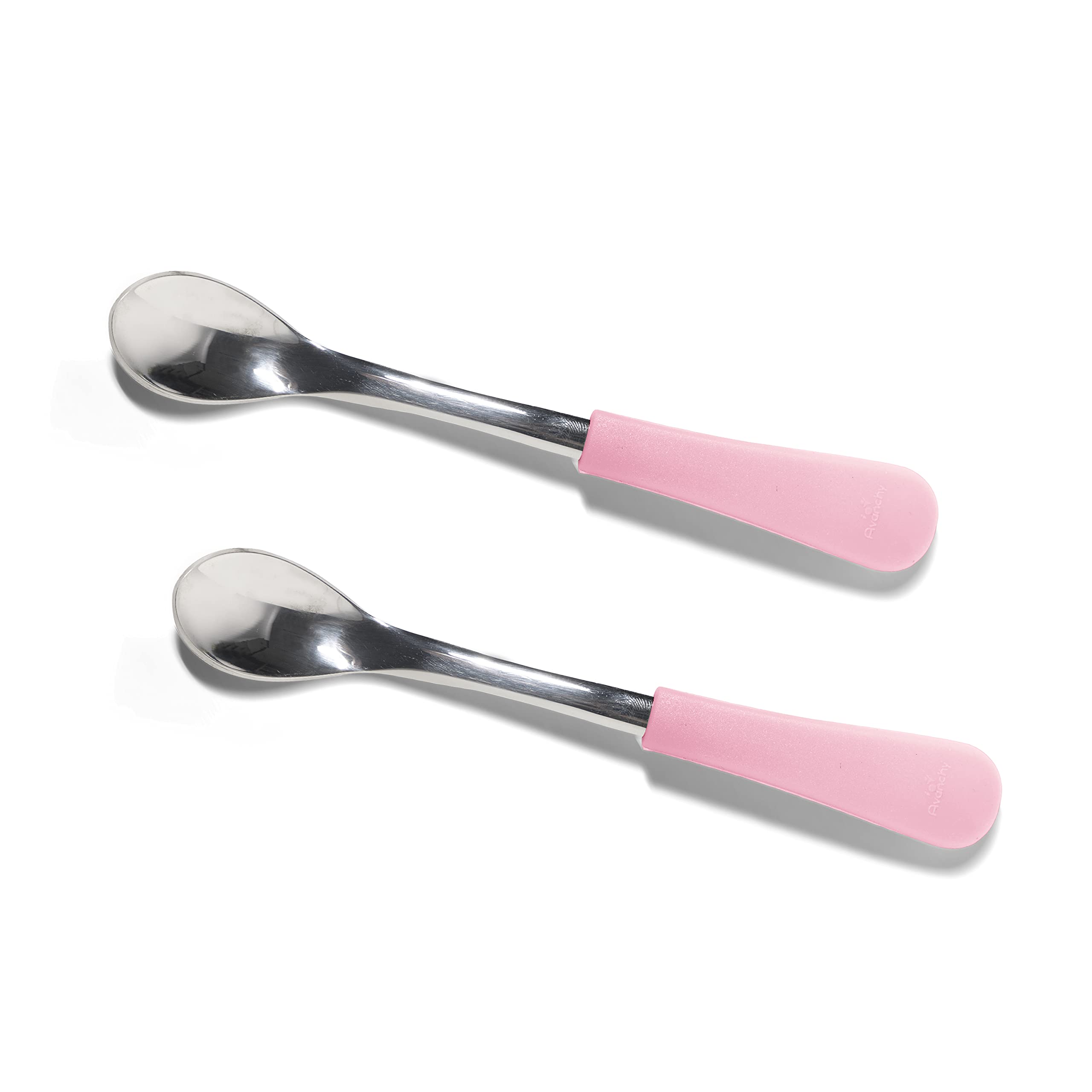 Avanchy infant spoons stainless steel silicone pink 2-pack angled for tiny mouths.