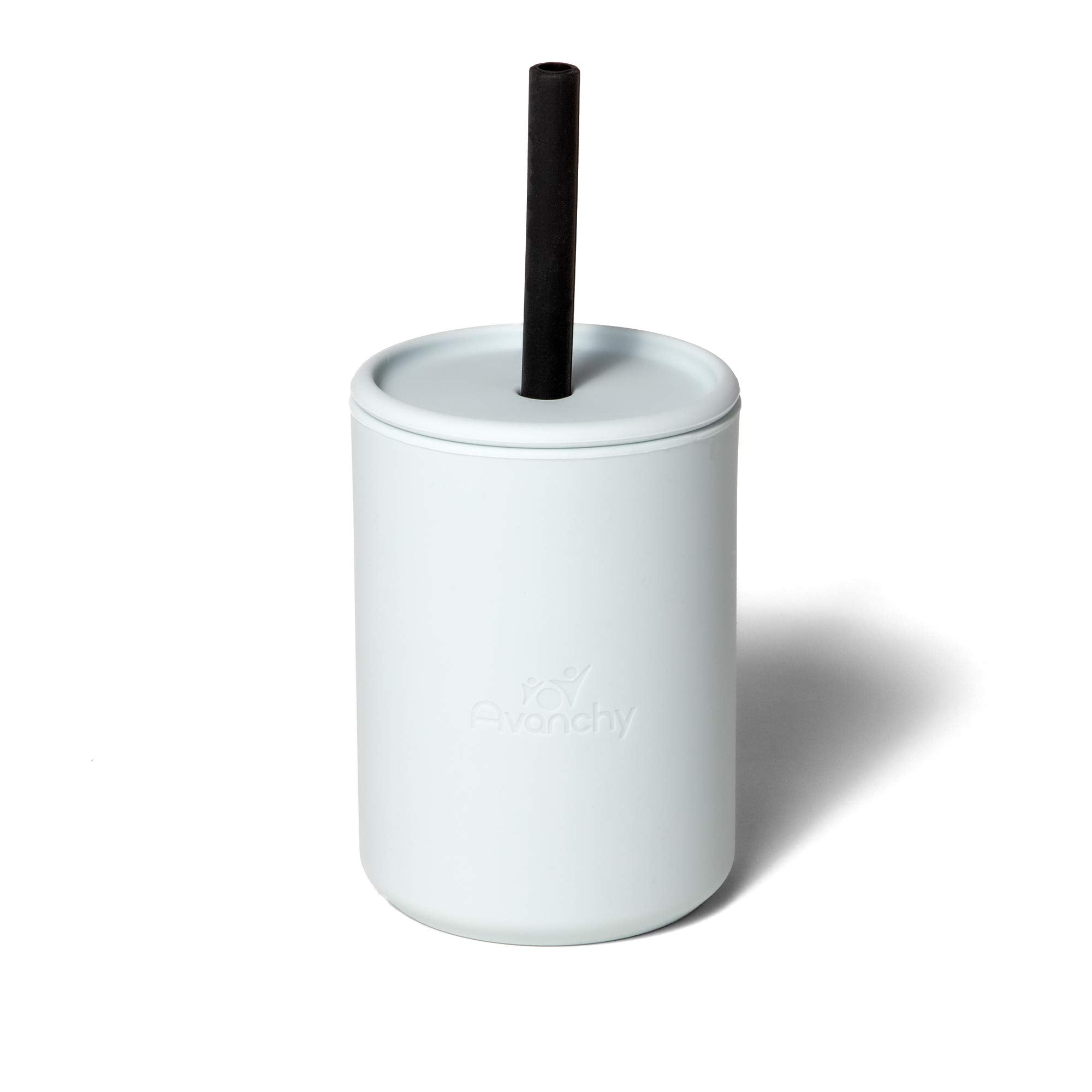 Avanchy silicone training cup with straw lid in gray aids toddler transition from bottle to cup.