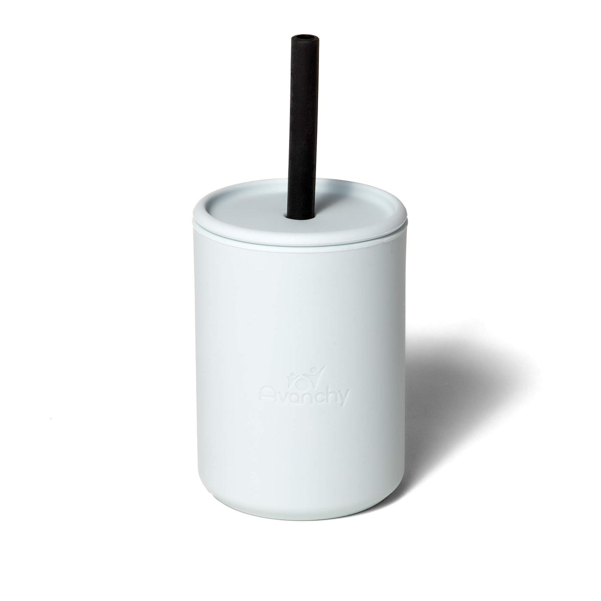 Avanchy silicone training cup with straw lid in gray aids toddler transition from bottle to cup.