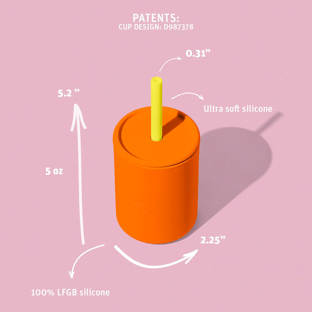 Avanchy gray sippy cup reduces spills during meals and travel.
