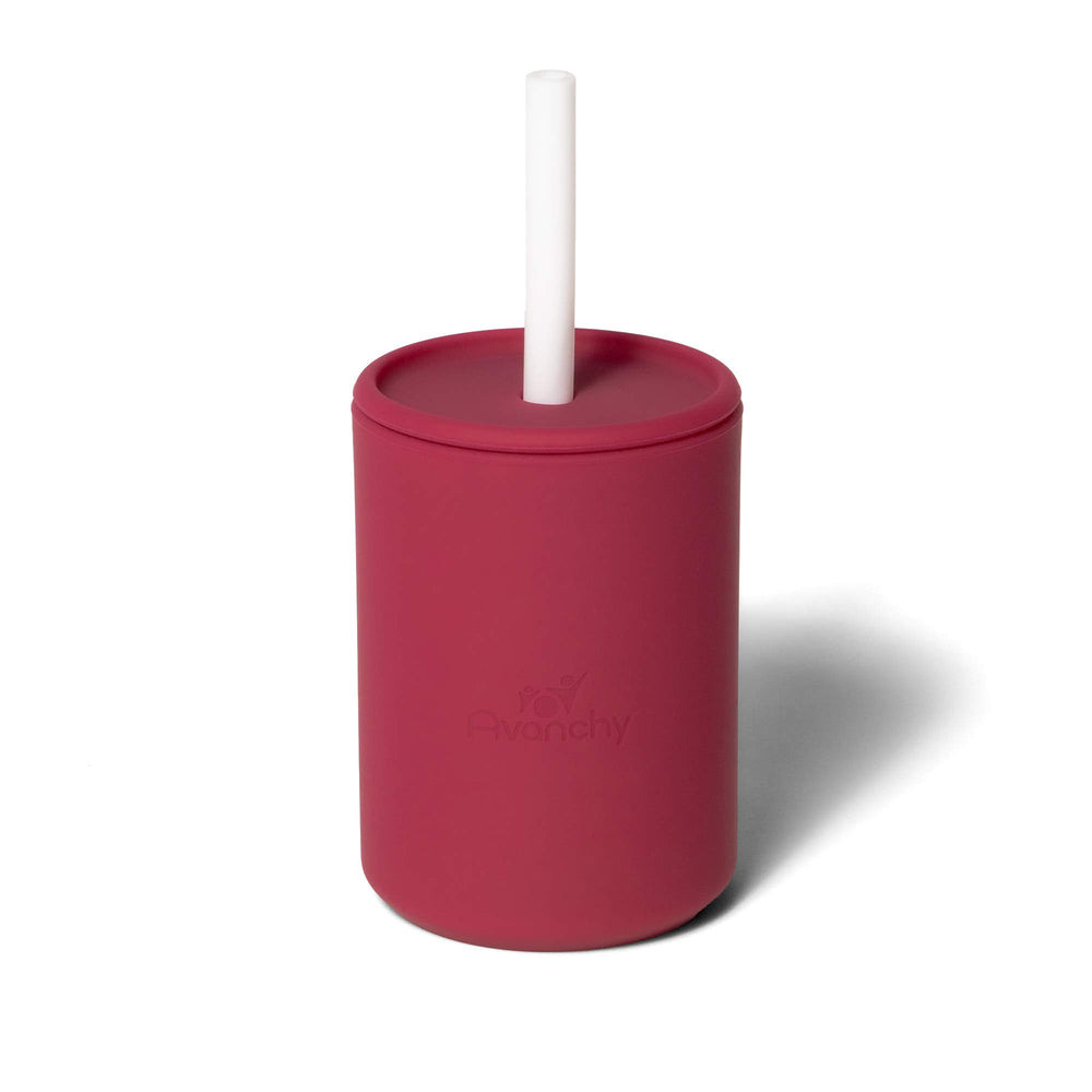 Avanchy silicone training cup straw lid magenta full view demonstrates easy sipping