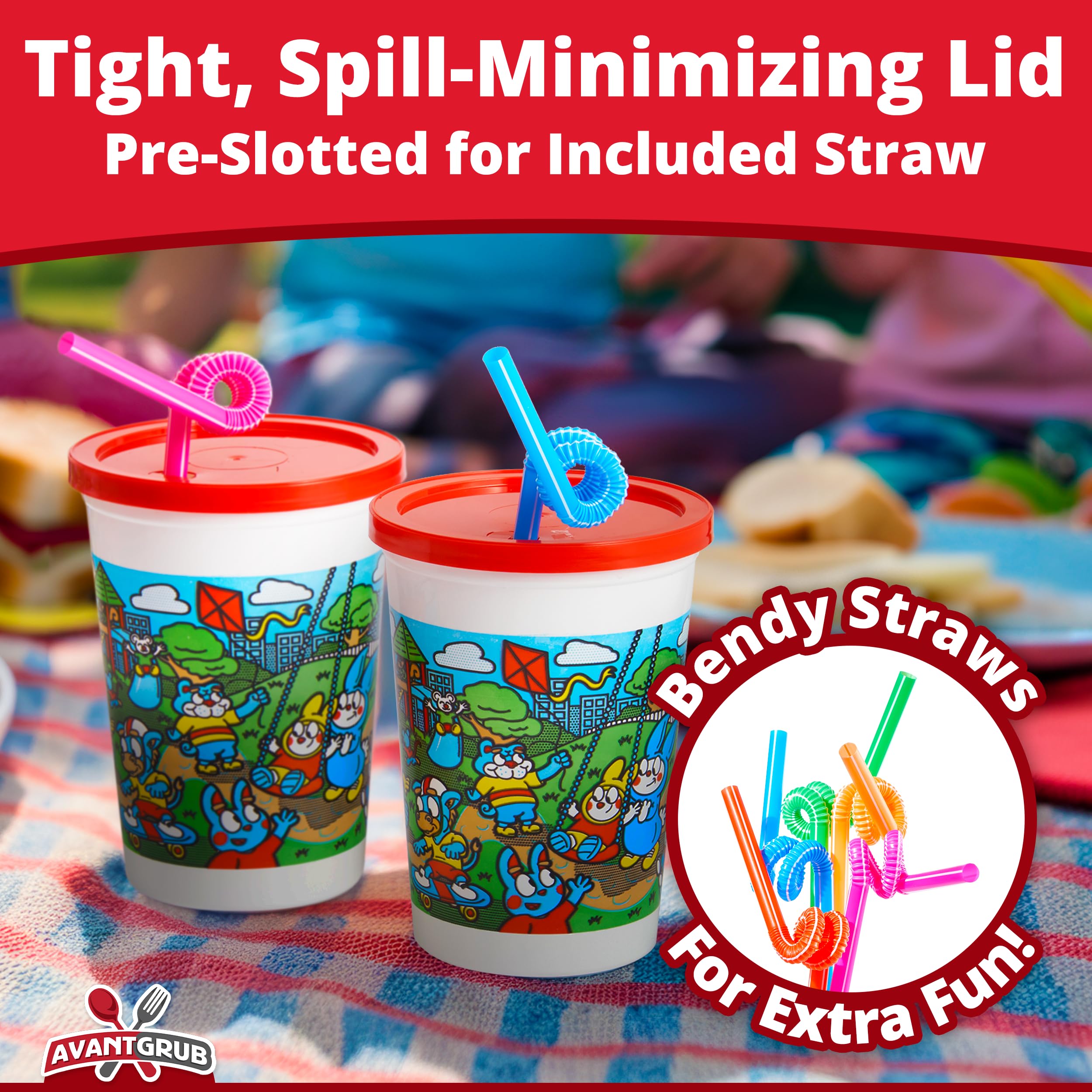 Avant Grub cups with assorted color straws promote fun hydration