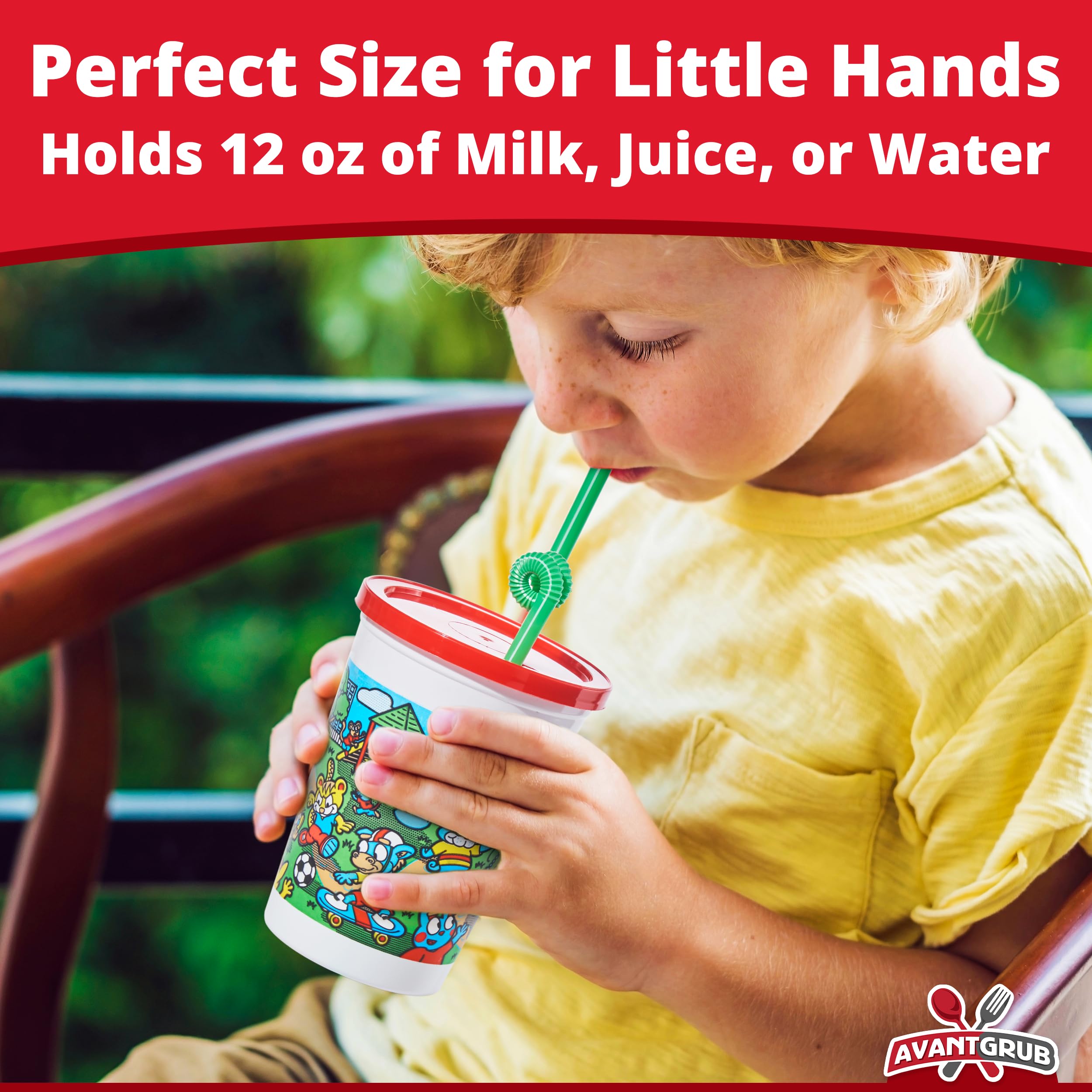 Avant Grub leakproof 12oz kids cups lid and straw closeup, easy grip