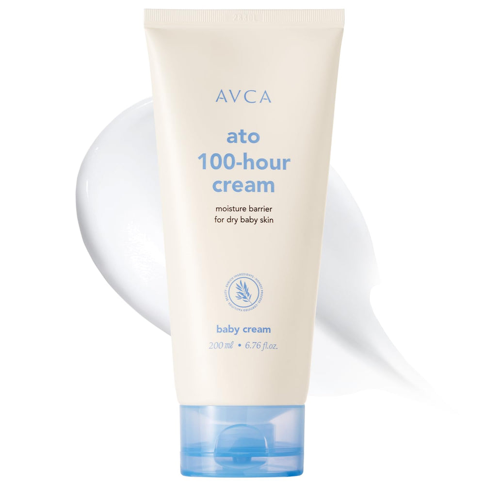 AVCA Ato 100-Hour Baby Cream bottle shows long lasting moisture for dry, sensitive skin.