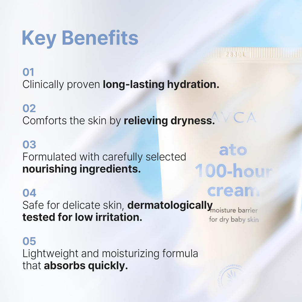 AVCA Ato ingredients image emphasizes avocado and macadamia oils for nourishing skin.