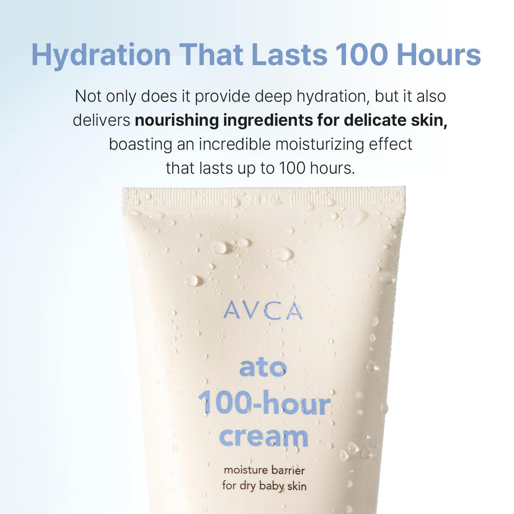 AVCA Ato 100-Hour Baby Cream jar closeup highlights rich texture for quick hydration.