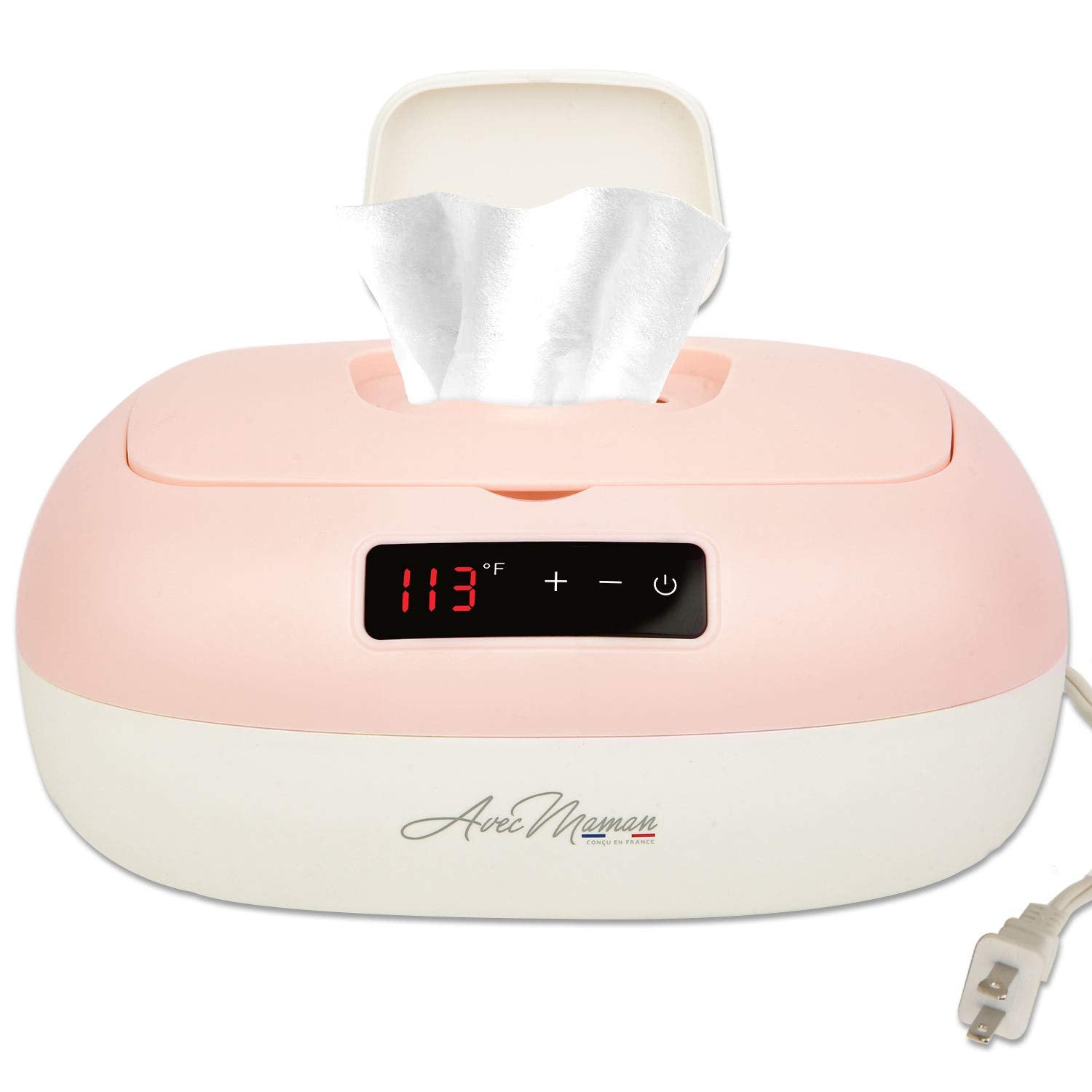 Avec Maman La Caresse wipe warmer with digital display showing precise heat control for comfy wipes