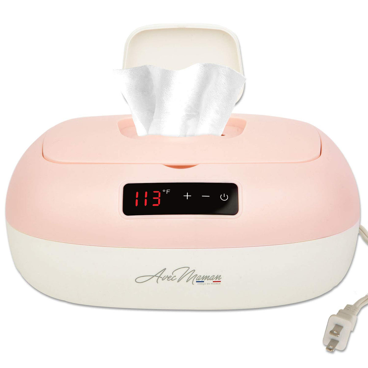 Avec Maman La Caresse wipe warmer with digital display showing precise heat control for comfy wipes