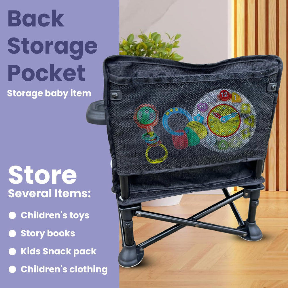 Avee & Co fold-out booster features rear storage pocket for small dining essentials