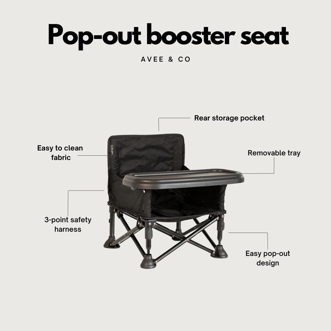 Avee & Co booster chair with removable tray for easy cleanup during snacks