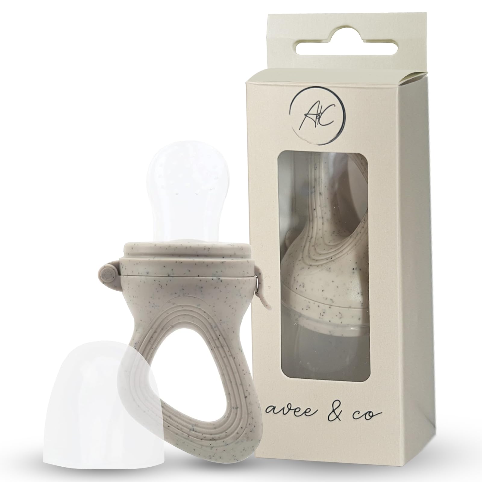 Avee & Co silicone teething pacifier beige close-up highlighting soft silicone for soothing teething