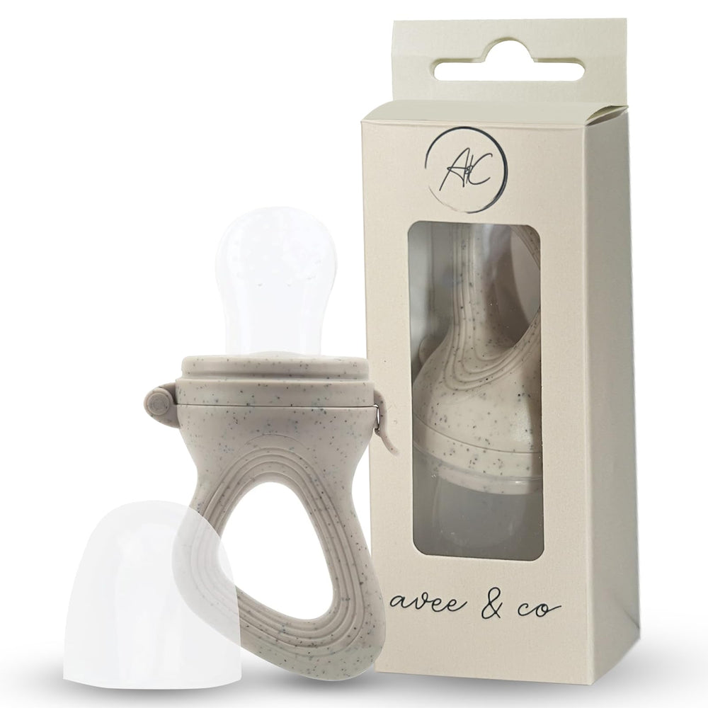 Avee & Co silicone teething pacifier beige close-up highlighting soft silicone for soothing teething