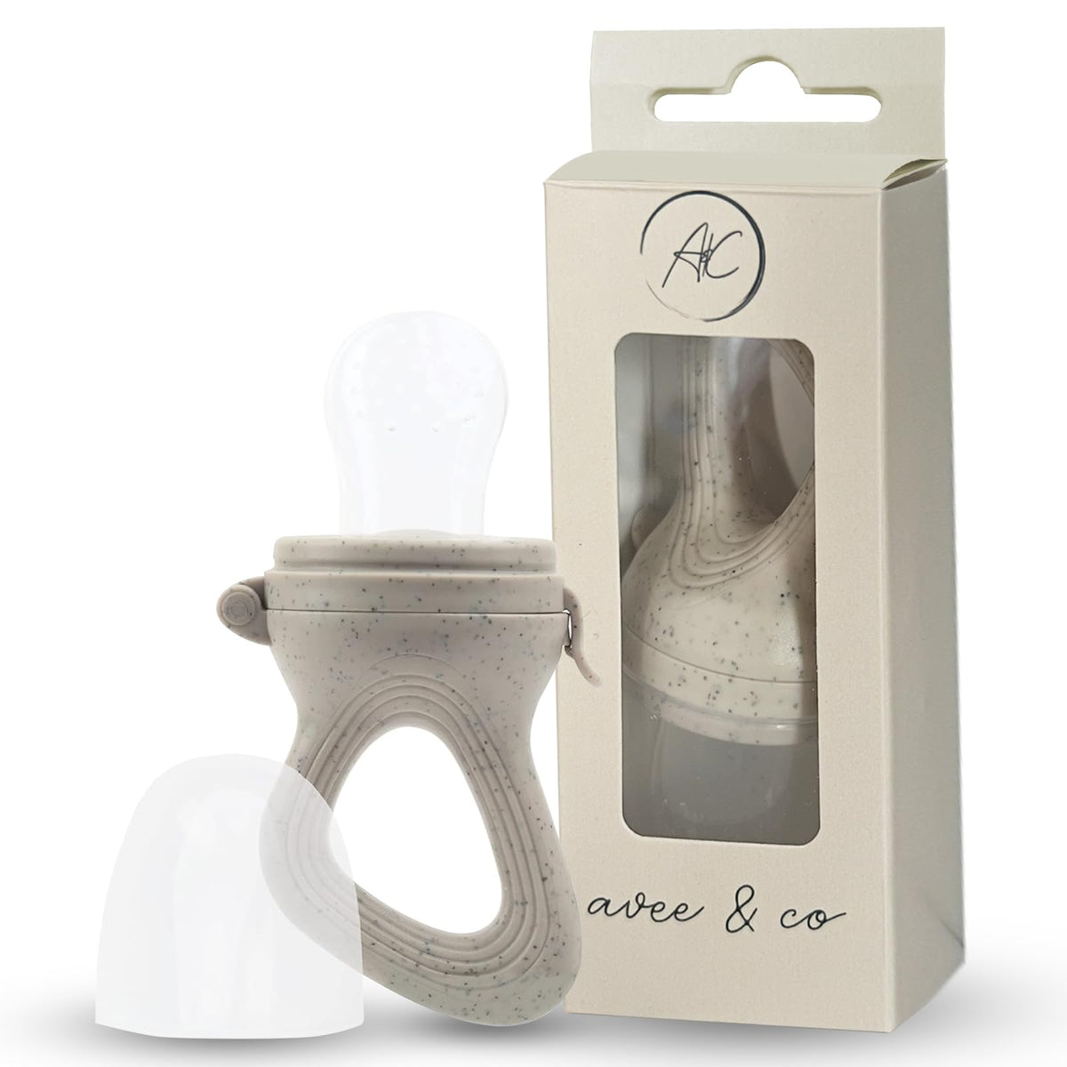Avee & Co silicone teething pacifier beige close-up highlighting soft silicone for soothing teething