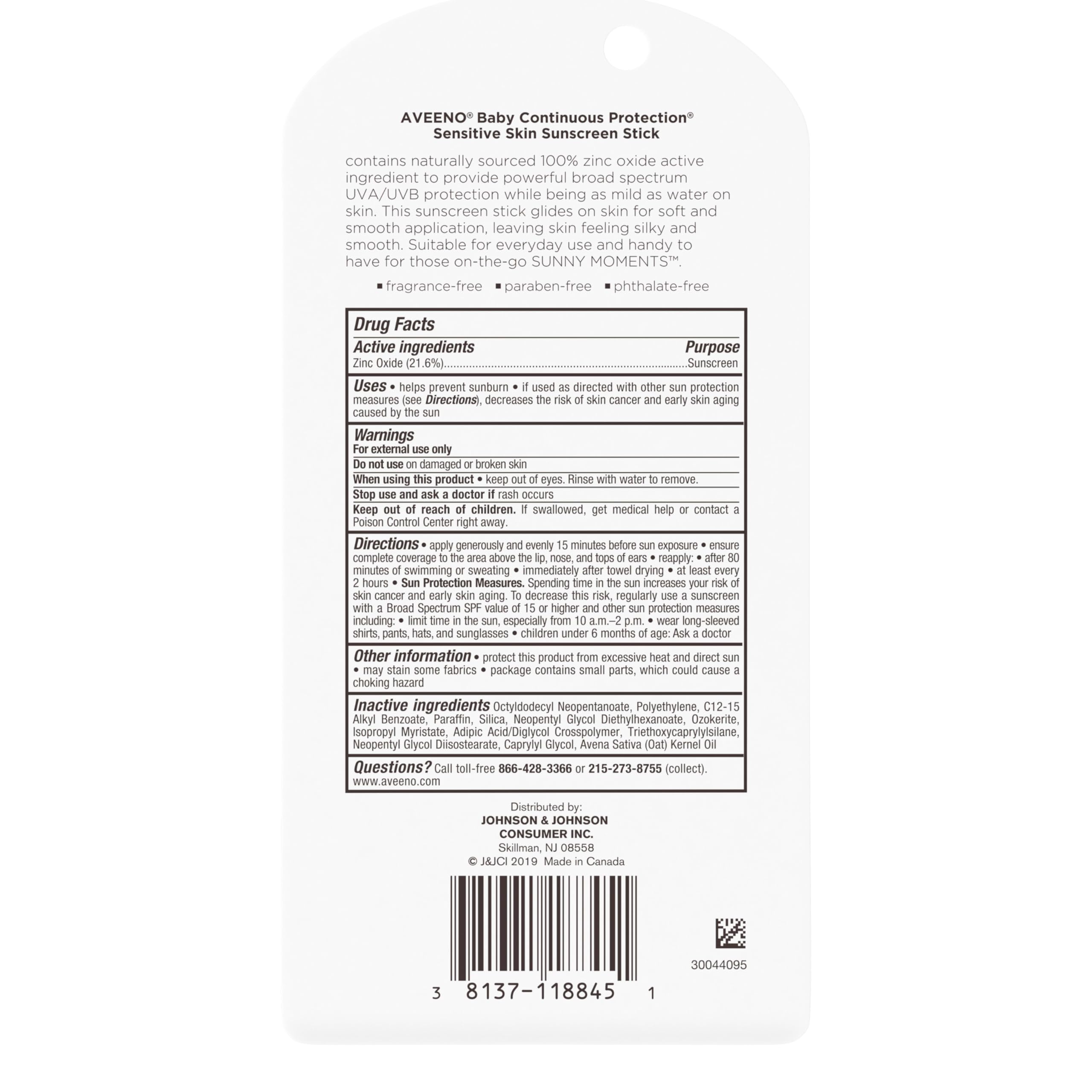 Aveeno Baby 100% zinc oxide active—natural mineral barrier against sun.