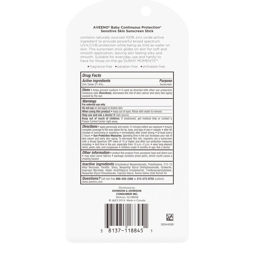 Aveeno Baby 100% zinc oxide active—natural mineral barrier against sun.