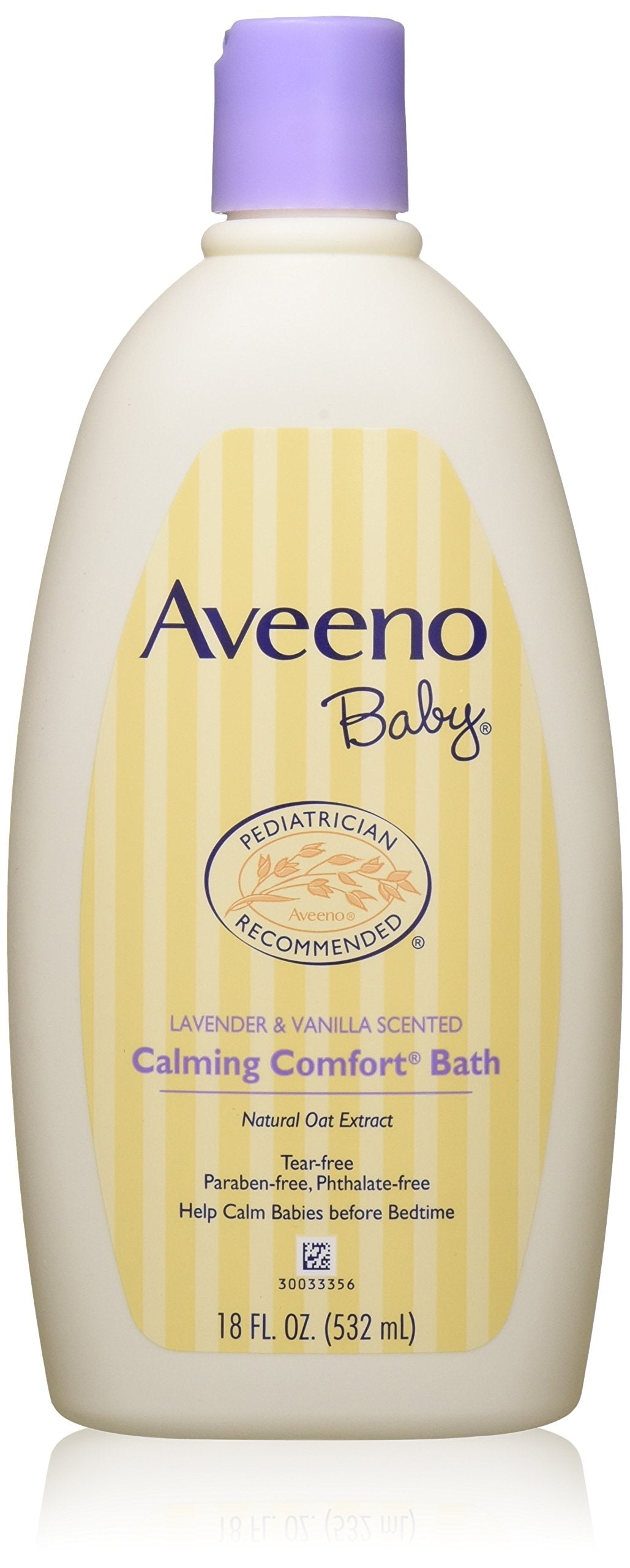 Aveeno Baby Calming Comfort Bath bottle closeup for soothing bedtime routines.