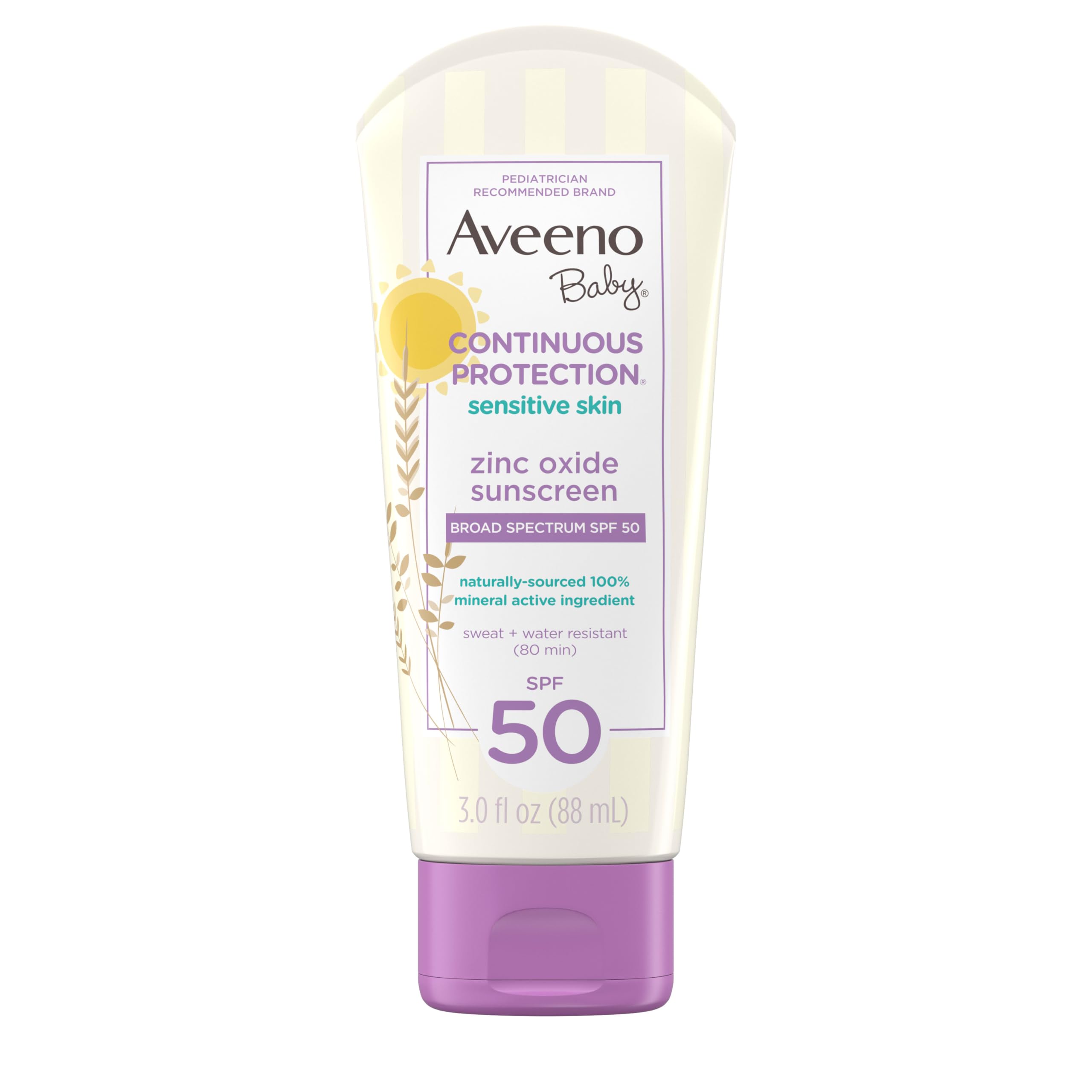 Aveeno Baby Continuous Protection mineral sunscreen bottle shows SPF 50 for sensitive skin.