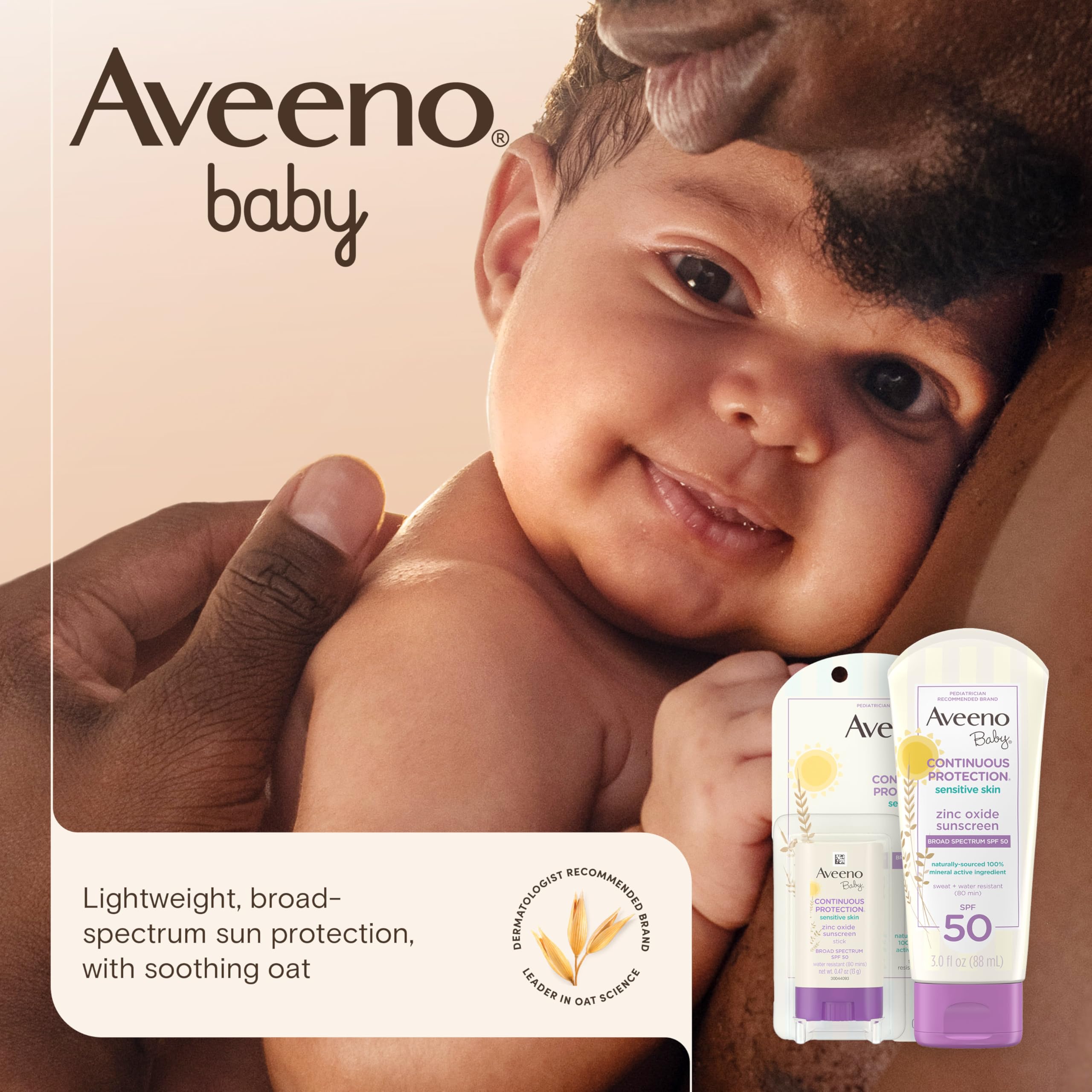 Aveeno Baby travel-size sunscreen packaging designed for on-the-go sun protection.