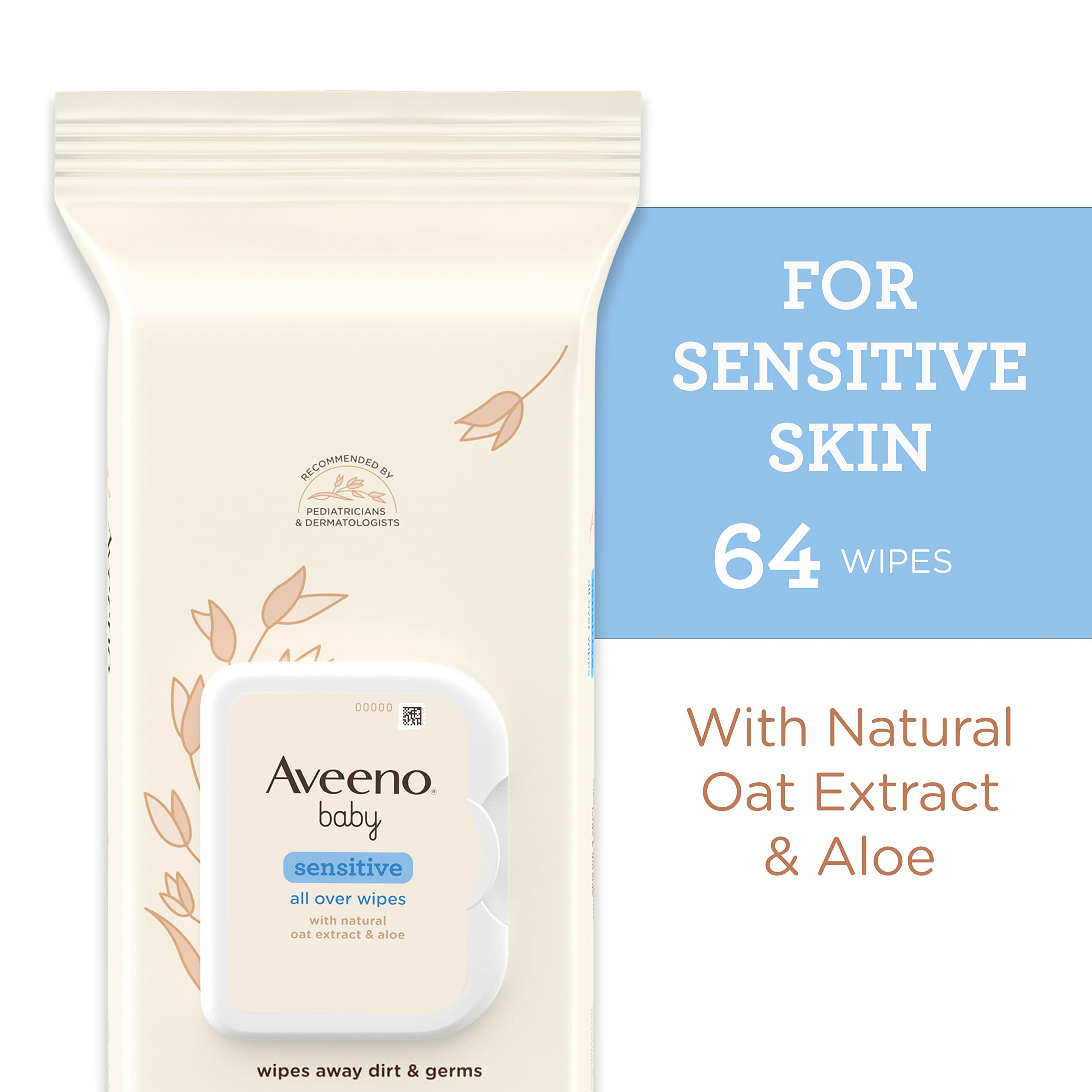 Aveeno Baby Sensitive All Over Wipes face close-up for delicate-skin cleansing.