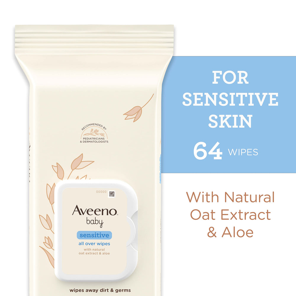 Aveeno Baby Sensitive All Over Wipes face close-up for delicate-skin cleansing.