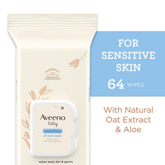Aveeno Baby Sensitive All Over Wipes face close-up for delicate-skin cleansing.