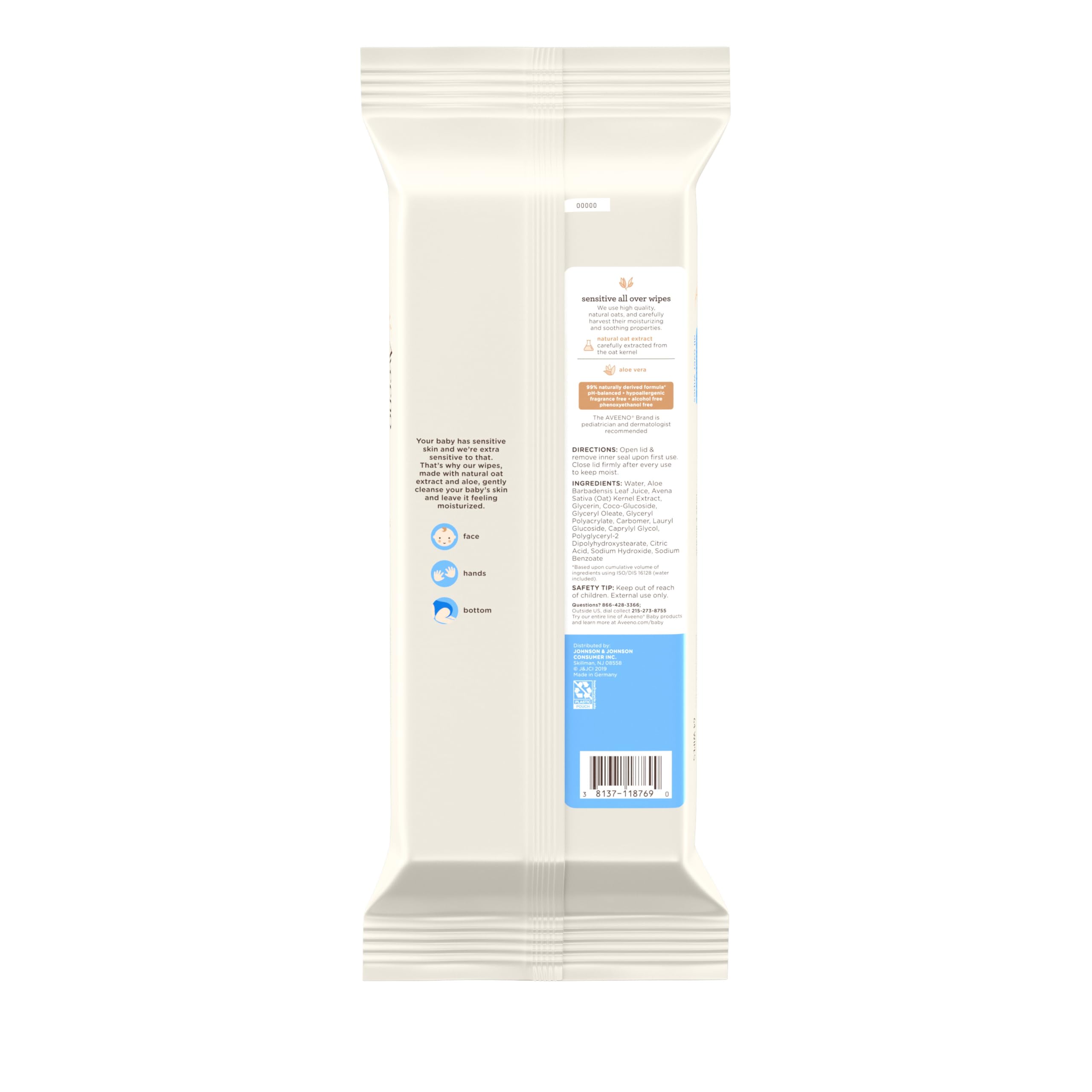Aveeno Baby Sensitive All Over Wipes resealable pack—keeps wipes moist between uses.