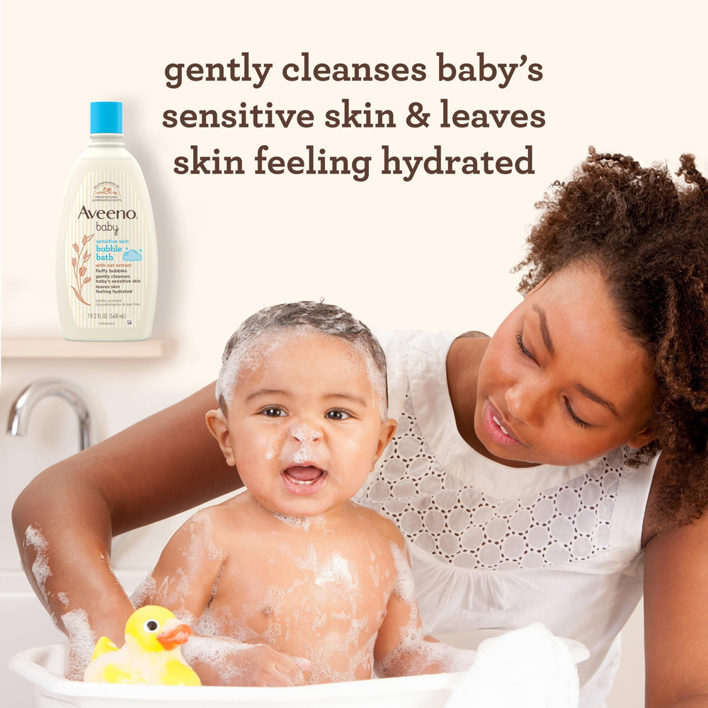 Aveeno Baby Sensitive Skin Bubble Bath bath-time-scene highlights oats-based soothing care for calming moments.