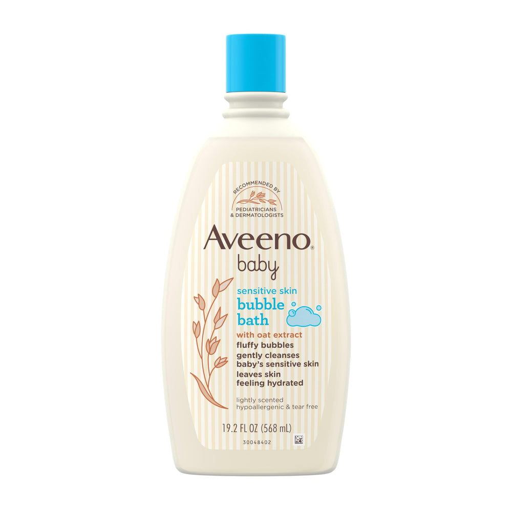 Aveeno Baby Sensitive Skin Bubble Bath bottle shows a gentle, hydrating formula for everyday use.
