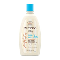 Aveeno Baby Sensitive Skin Bubble Bath bottle shows a gentle, hydrating formula for everyday use.