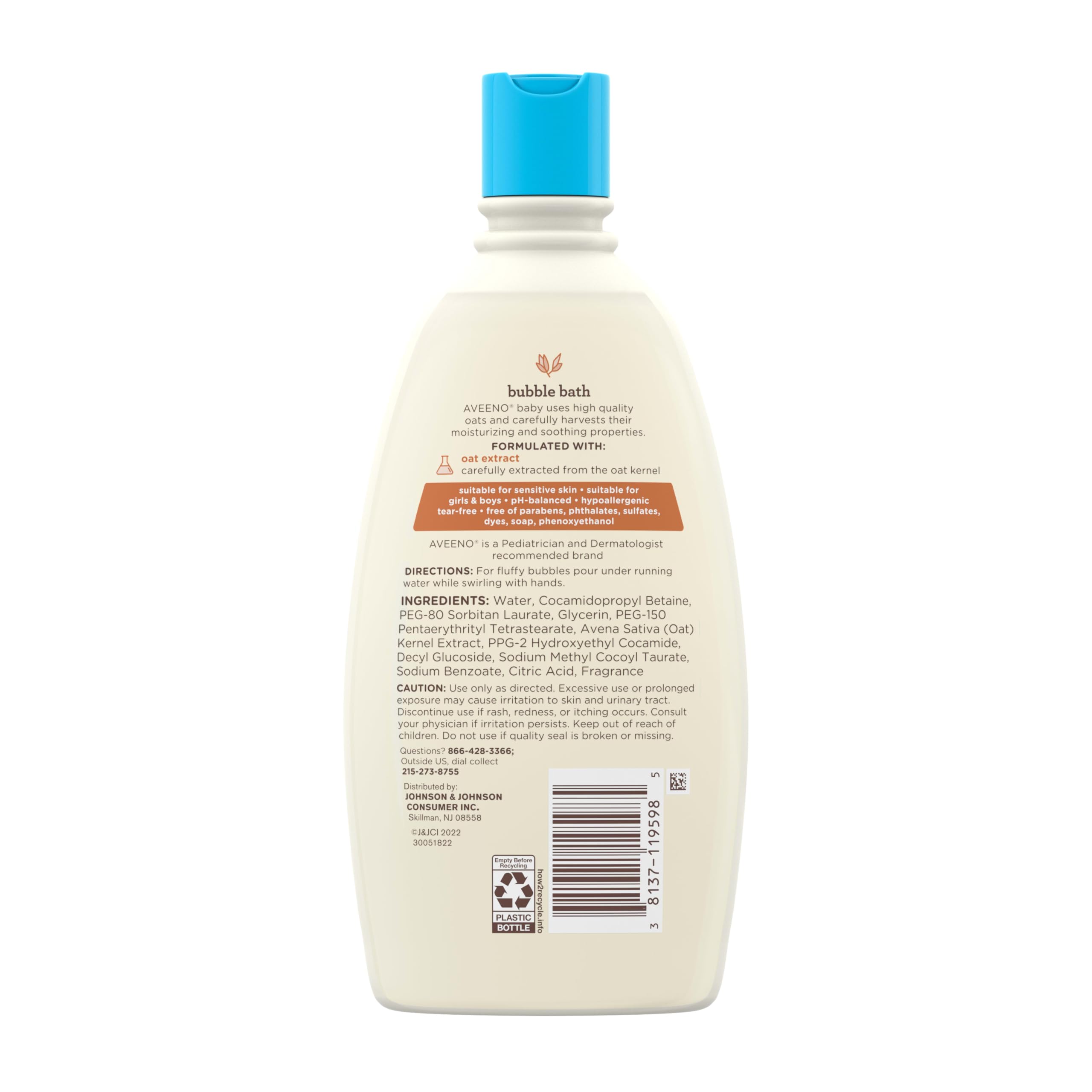 Aveeno Baby Bubble Bath ingredients emphasize oat extract for gentle, sensitive-skin care.