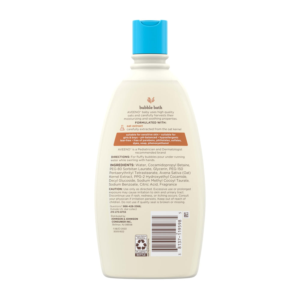 Aveeno Baby Bubble Bath ingredients emphasize oat extract for gentle, sensitive-skin care.
