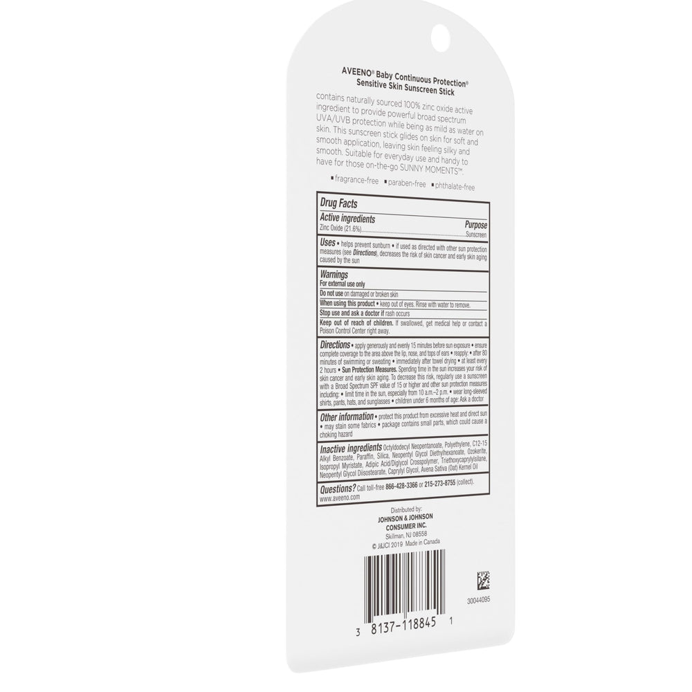 Aveeno Baby sunscreen stick on the body—versatile protection in a small stick.