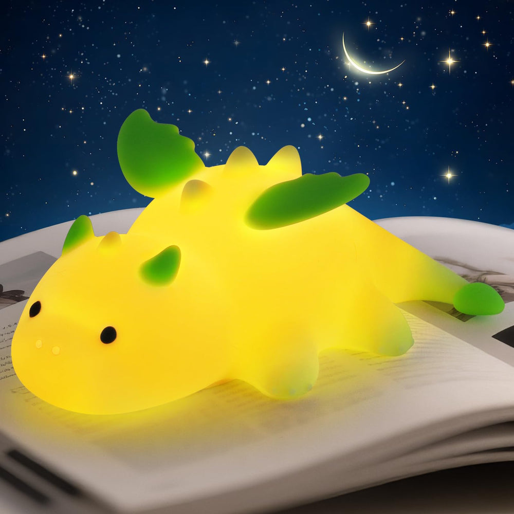 AVEKI lime-green dragon night light on desktop provides ambient glow for bedtime routines.