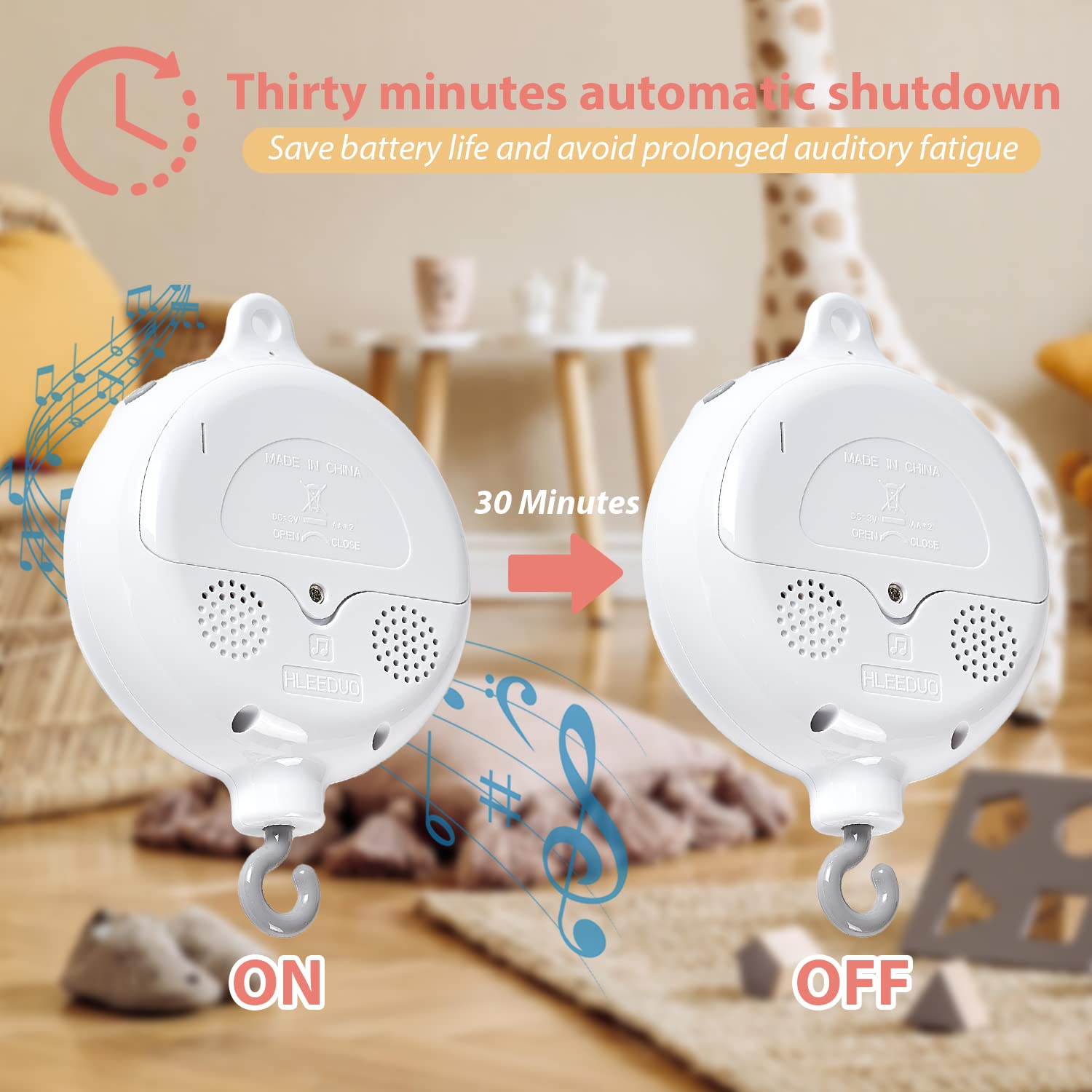 Avelin baby mobile auto-off after 30 minutes preserves battery life