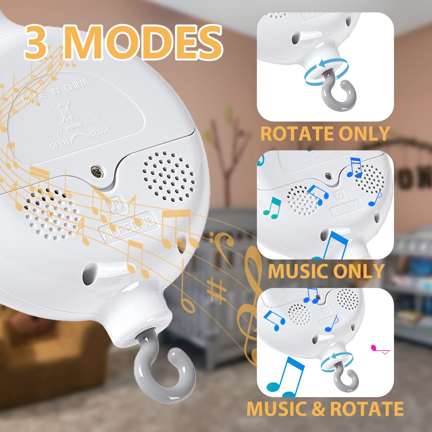 Avelin Baby Mobile Music Box shows the three-mode switch for flexible soothing