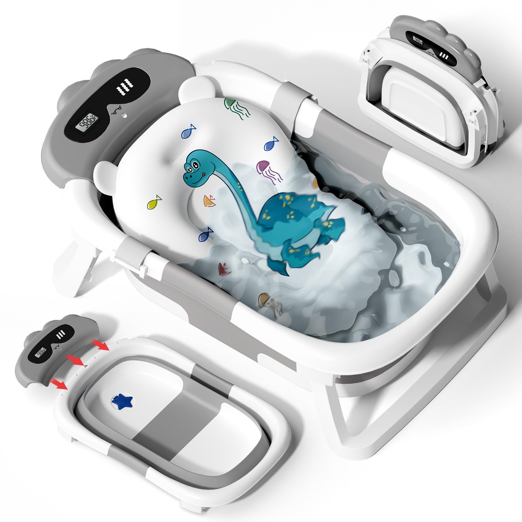 AVIDOR baby bathtub with dinosaur-grey collapsible design for easy storage and cozy baths.