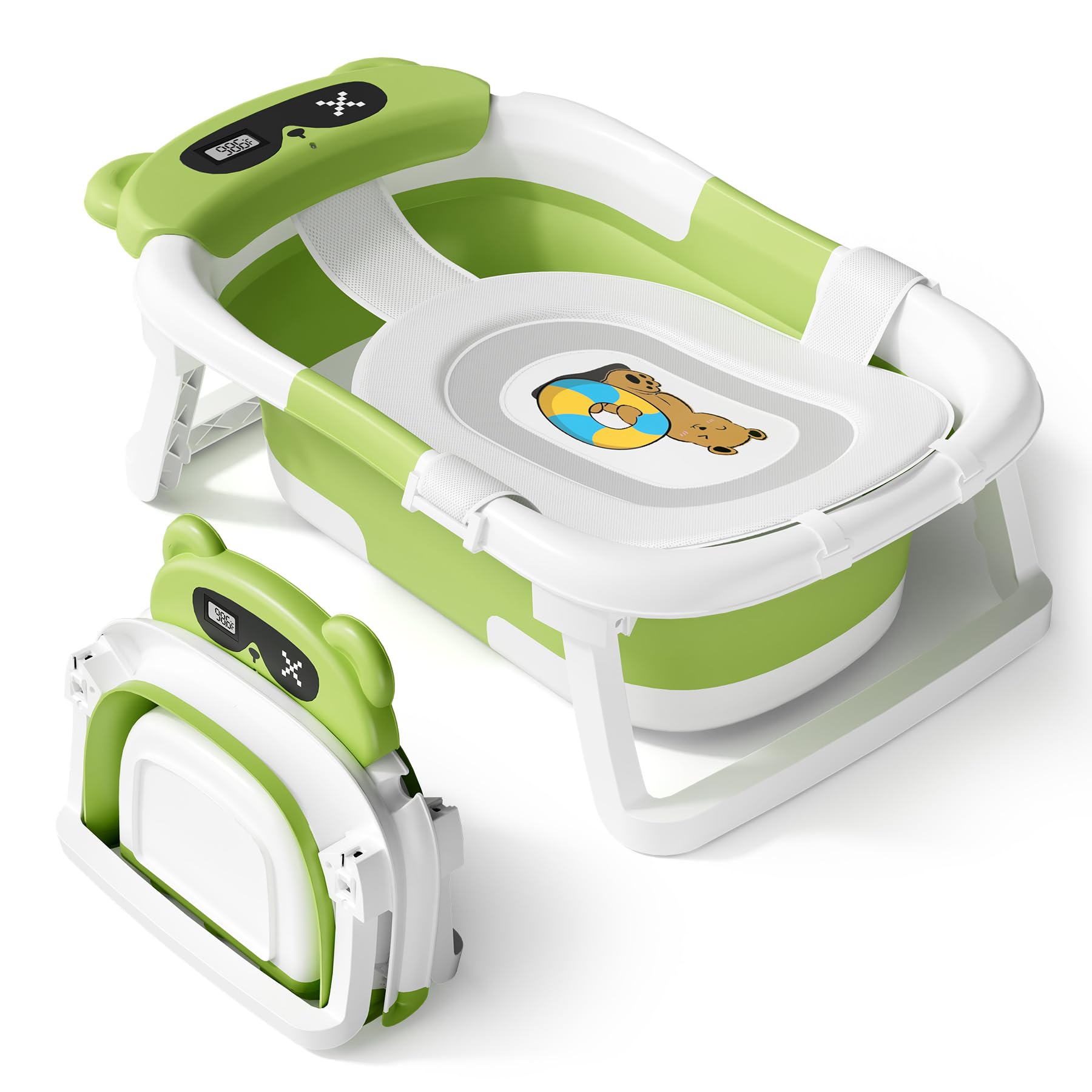 AVIDOR baby bathtub green exterior shows space-saving design for compact storage